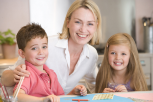 woman and two kids